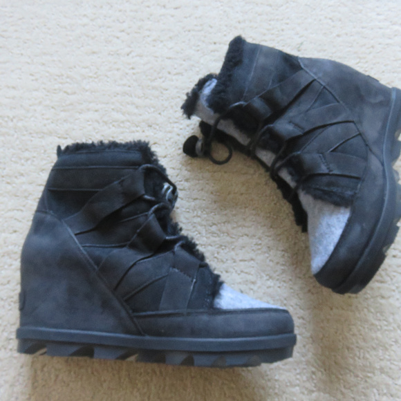 New Sorel Wedge Boots 2 tone Black Shearling 7 38 - Picture 8 of 8